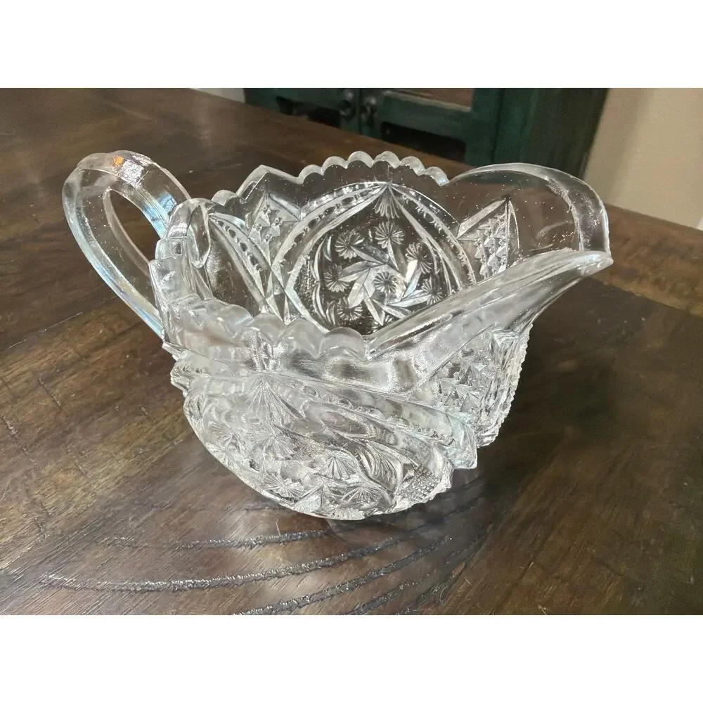 Antique ABP Cut Crystal Glass Creamer Hobstar Diamond Fan Scalloped Rim